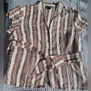 Lane Bryant Linen Striped Brown and White  Tie Sash Top Size 22-24
